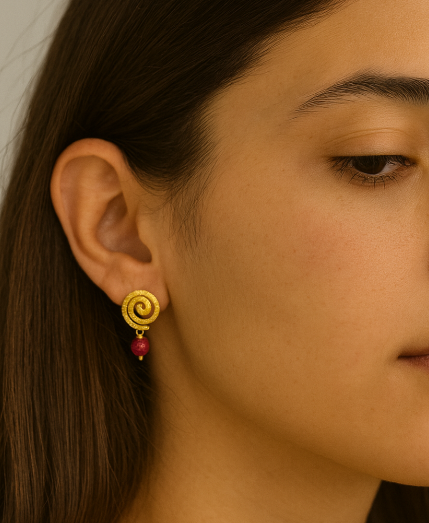 Golden Spiral Earrings with Natural Ruby