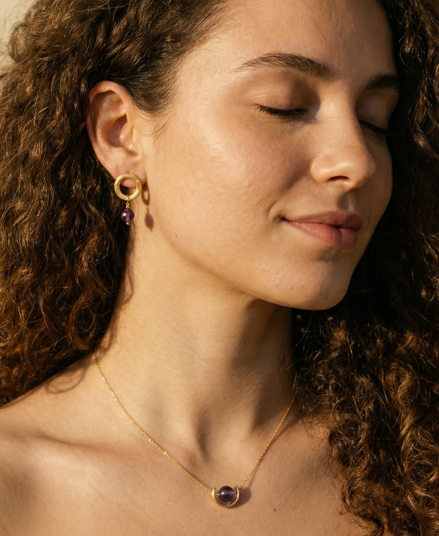 Gold Hoop Earrings Amethyst