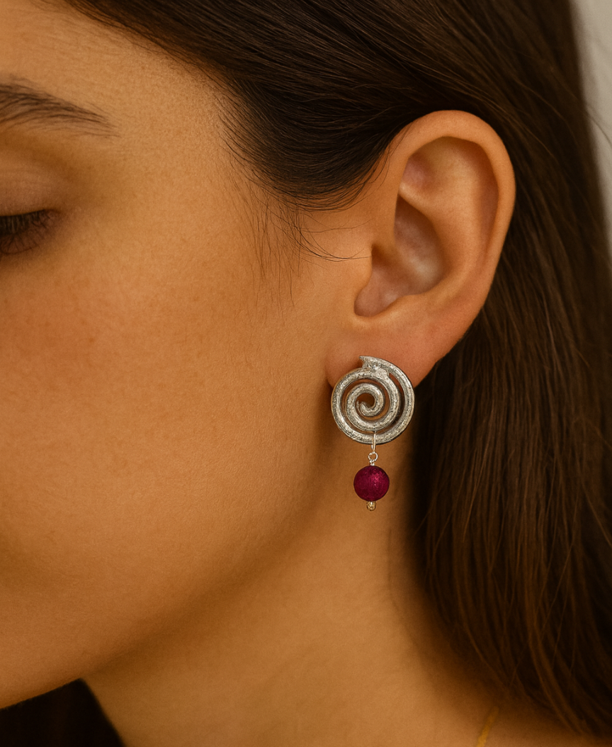 Silver Spiral Earrings with Natural Ruby