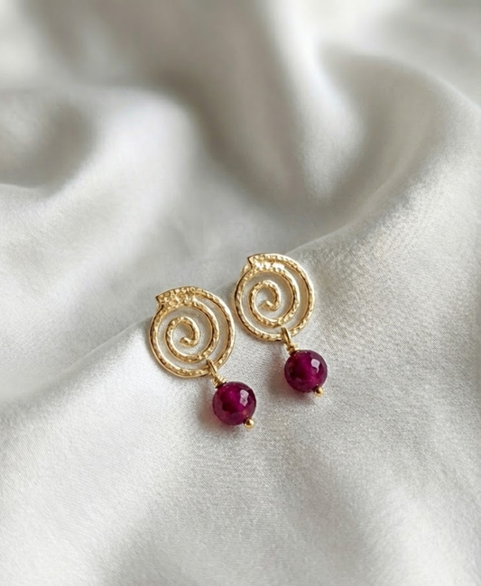 Golden Spiral Earrings with Natural Ruby