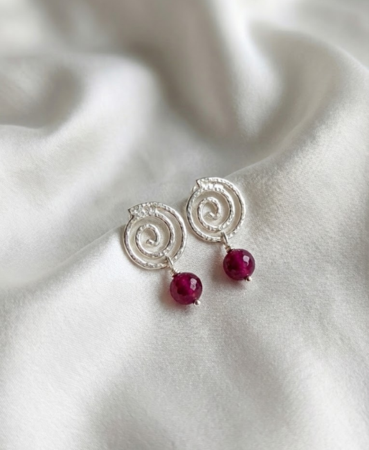 Silver Spiral Earrings with Natural Ruby