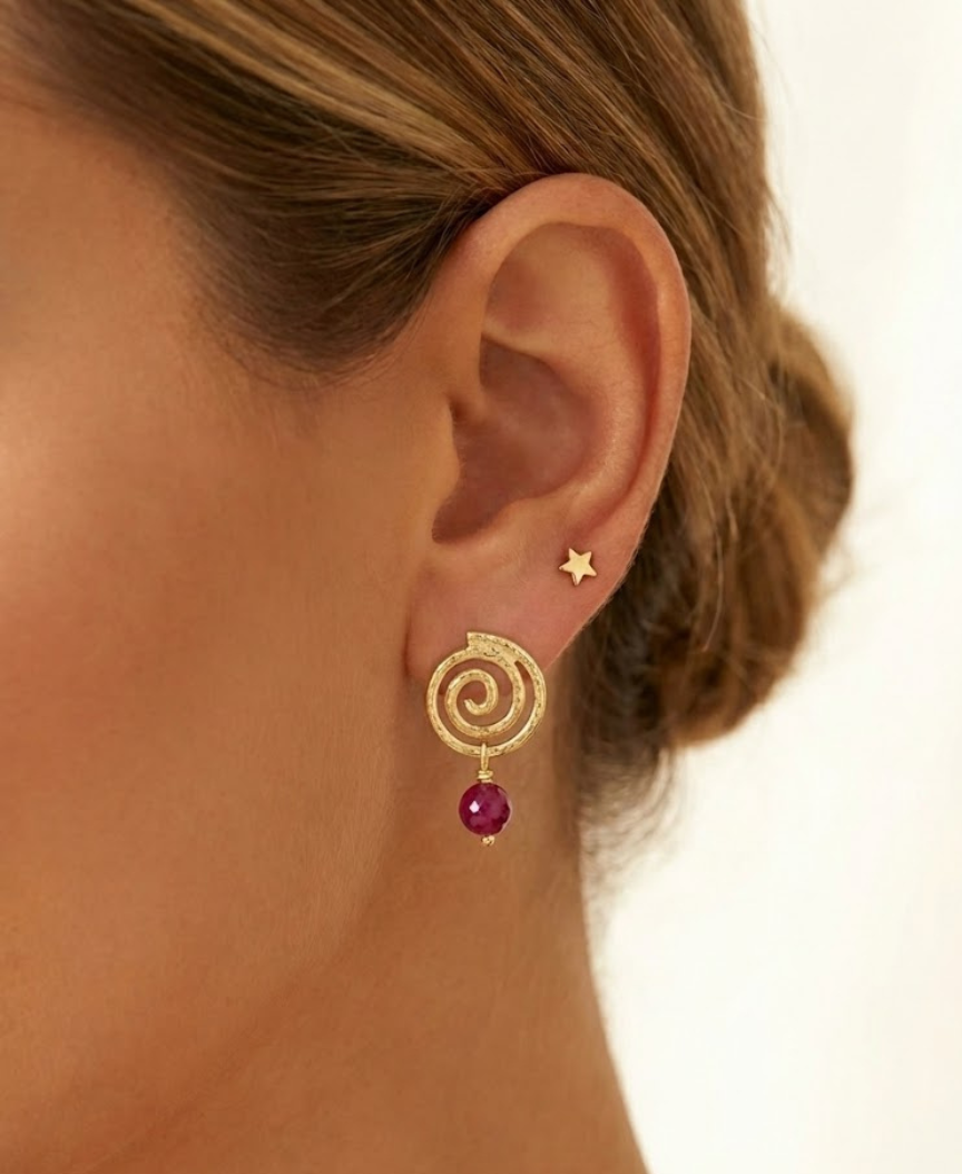 Golden Spiral Earrings with Natural Ruby