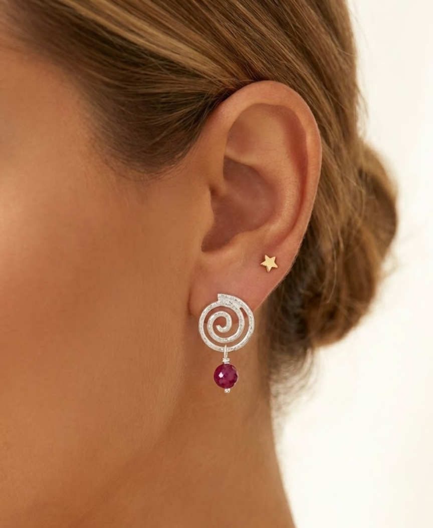Silver Spiral Earrings with Natural Ruby